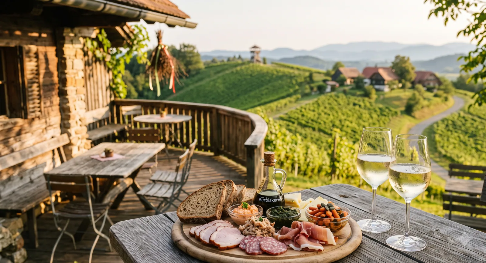 Buschenschank mit Brettljause und Blick über die Weinberge
