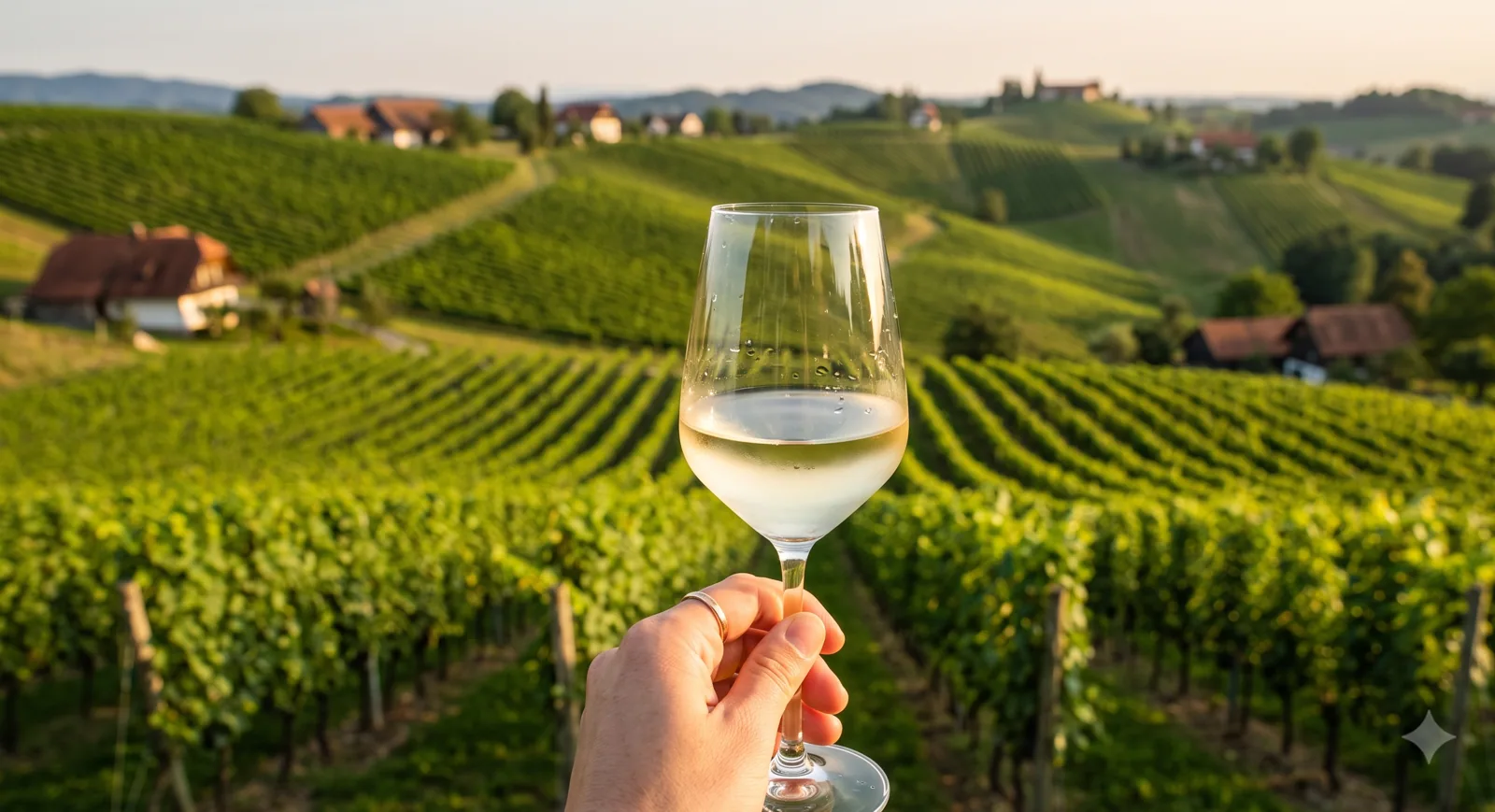 Weinverkostung – Glas Weißwein über den Weinbergen der Südsteiermark